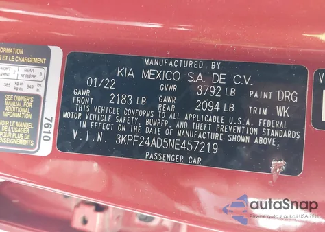 2022 Kia Forte Lxs из США, поврежденный, VIN 3KPF24AD5NE457219